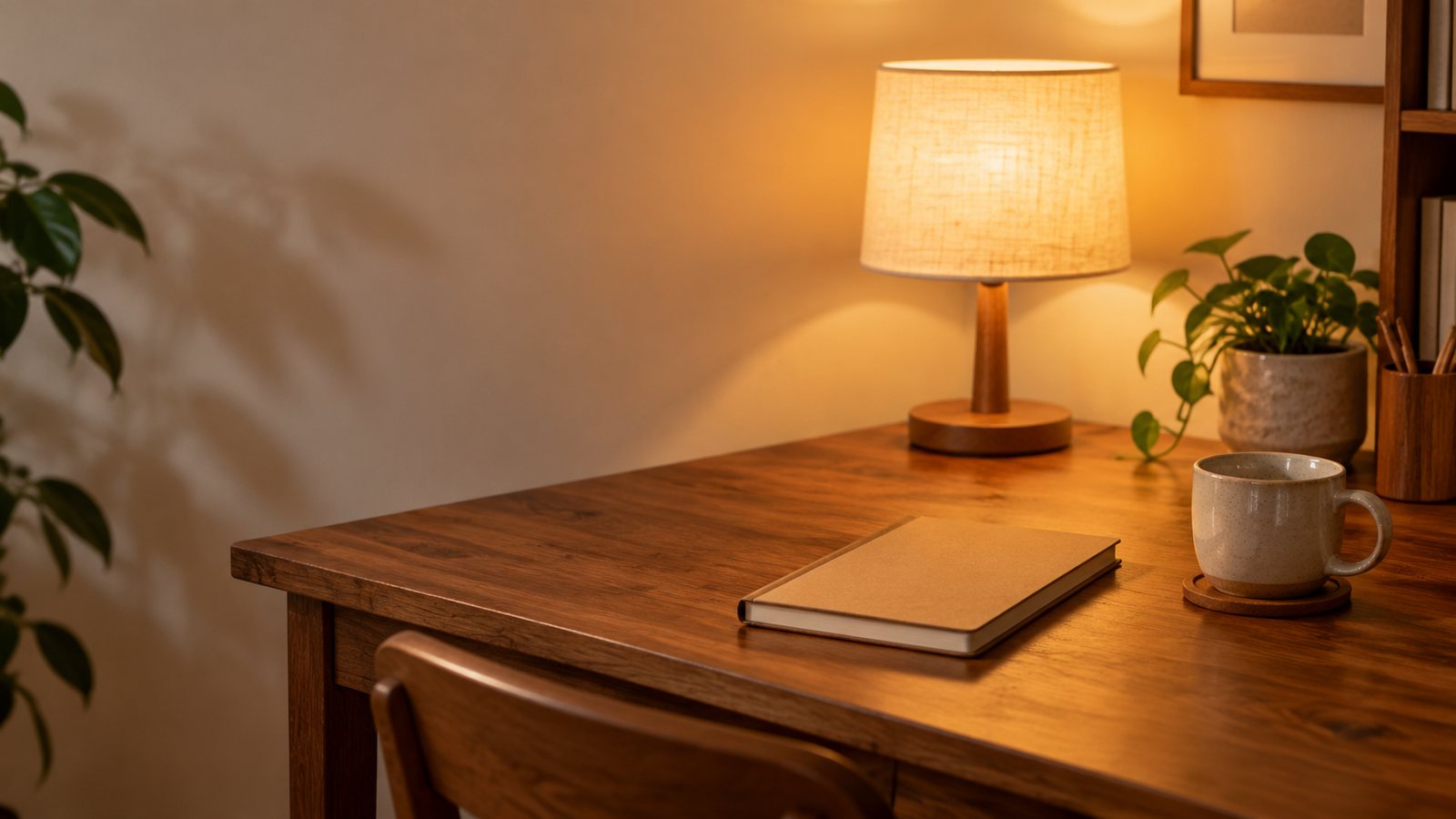 A lit desk with a lamp and a closed notebook