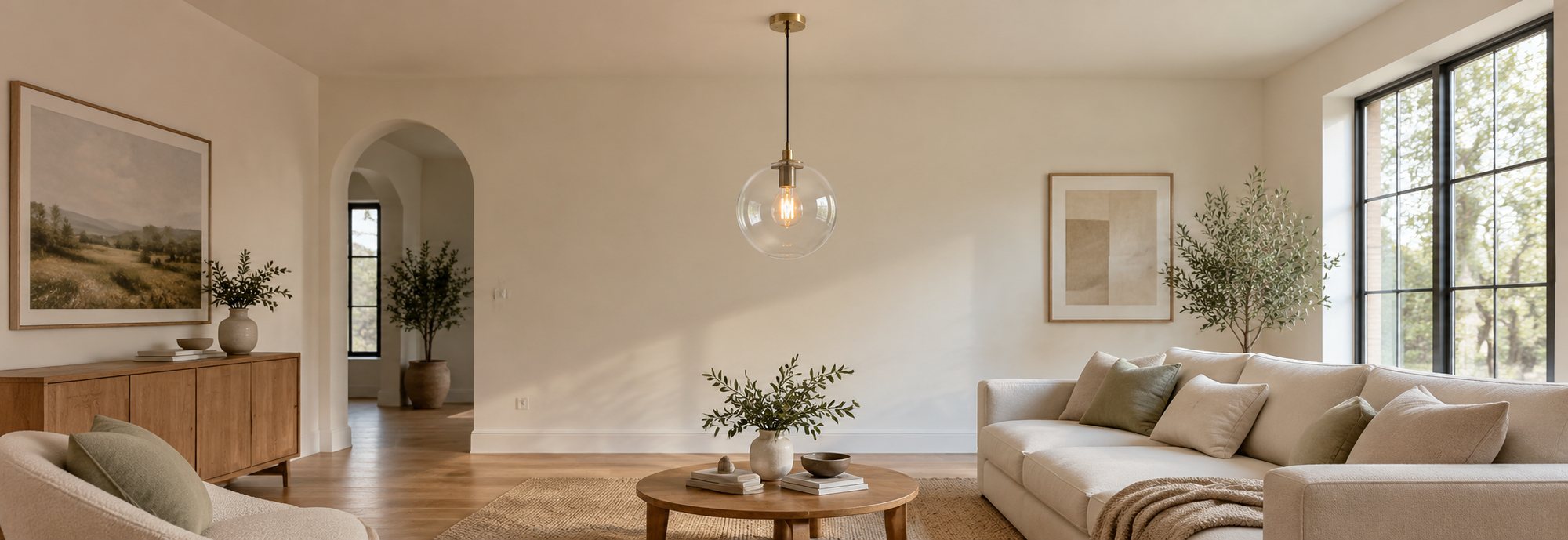 Une suspension en verre entière dans un large salon